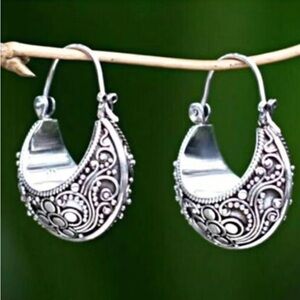 Boho festival vintage style silver tone filigree hoops